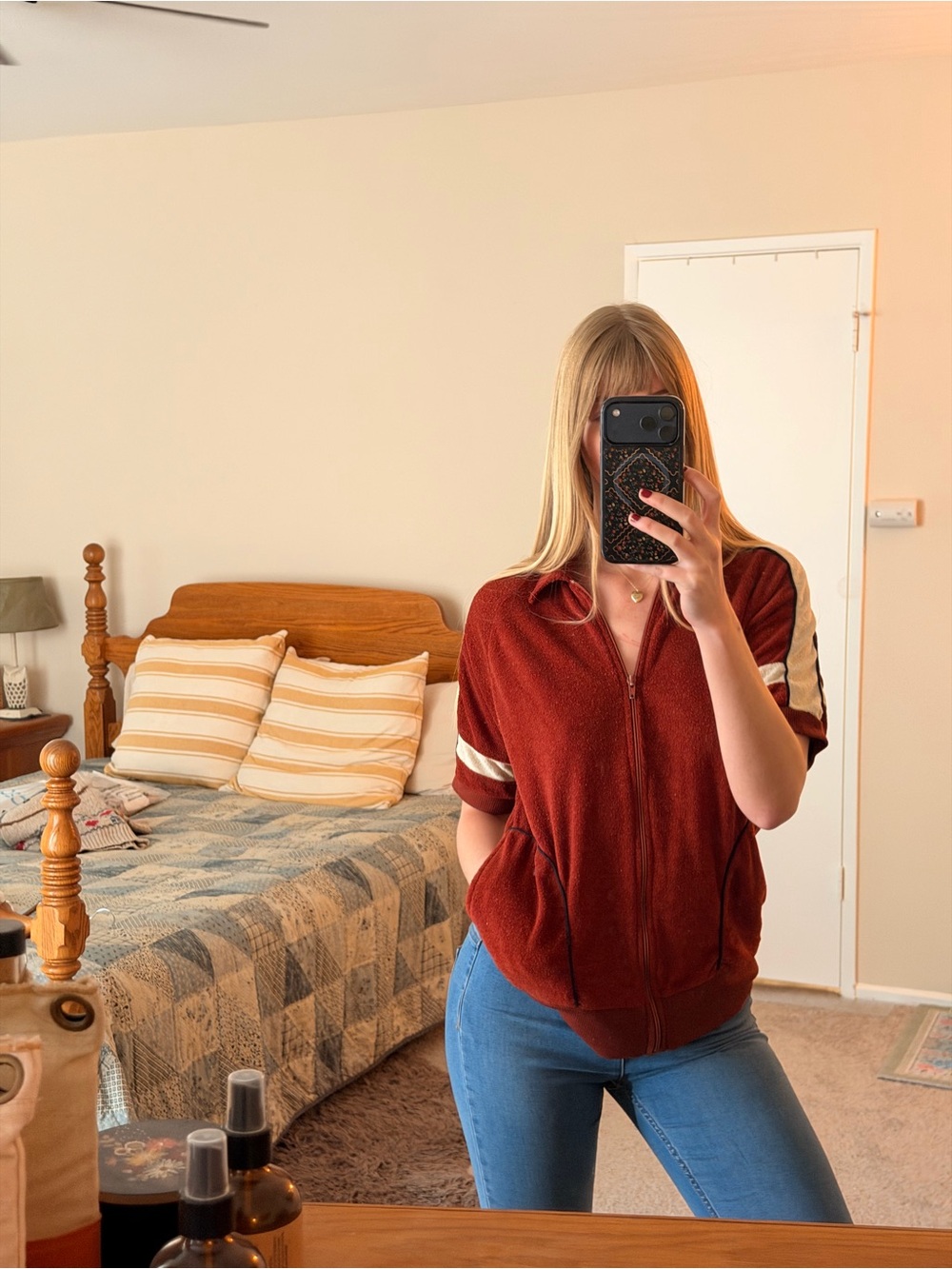 Vintage Terry Cloth Rust Red Zip-Up Short Sleeve